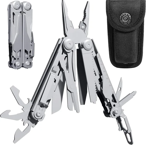 Vista 9 de PERWIN Multiherramienta, alicates multiherramienta de acero inoxidable 17 en 1 con autobloqueo, cuchillo de bolsillo, funda de nailon