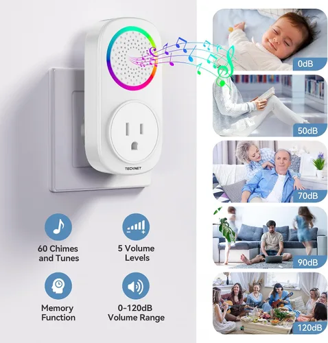 Vista 9 de TECKNET Kit de timbre inalámbrico autoalimentado, timbre de puerta enchufable con luz RGB, 60 campanillas y 5 niveles de volumen, timbre de aula
