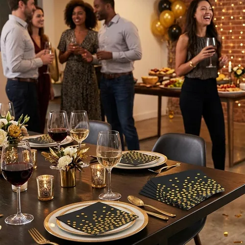 Vista 8 de 100 servilletas de cóctel desechables negras – Servilletas de papel negro y dorado para cumpleaños, boda, aniversario, Año Nuevo, fiesta