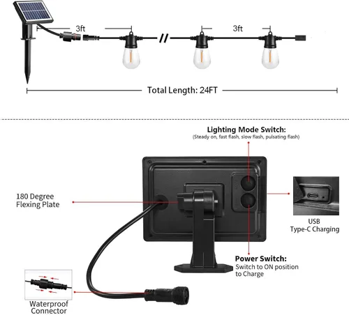 Vista 2 de SUNTHIN - Cadena de luces solares de 24 pies, luces solares recargables por USB para exteriores con bombillas LED impermeables e inastillables