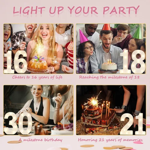 Vista 5 de Números Decorativos con Luces LED, Decoraciones de Cumpleaños número 13, Luces de Números LED Blanco Cálido, Letrero de Número de Marquesina