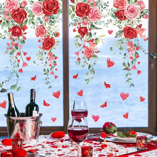 Vista 5 de Whaline 9 hojas de calcomanías florales de San Valentín para ventana, diseño de rosas de primavera, hojas de eucalipto, calcomanías de vidrio