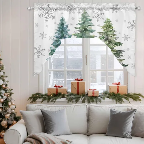 Vista 4 de Cortinas de cocina con cenefa de árbol de Navidad, cenefa con bolsillo para barra, paneles de cortina para dormitorio, sala de estar, baño