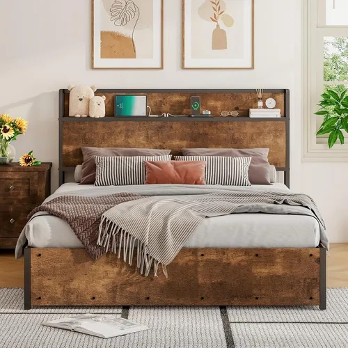 Vista 3 de LUXOAK Cama de almacenamiento elevable de tamaño matrimonial, marco de cama de plataforma de madera con cabecera de almacenamiento y estación