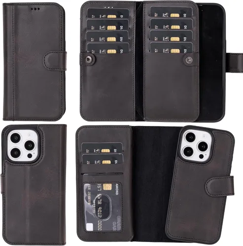 Vista 45 de HARDISTON Funda de piel auténtica de alta calidad hecha a mano para iPhone 7/8 / SE doble folio tarjetero - Funda magnética desmontable - Soporte