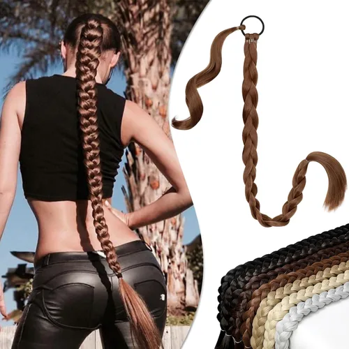 Vista 10 de Extensión de cola de caballo larga trenzada con banda para el cabello, color marrón claro, extensiones de cabello sintético suave y natural