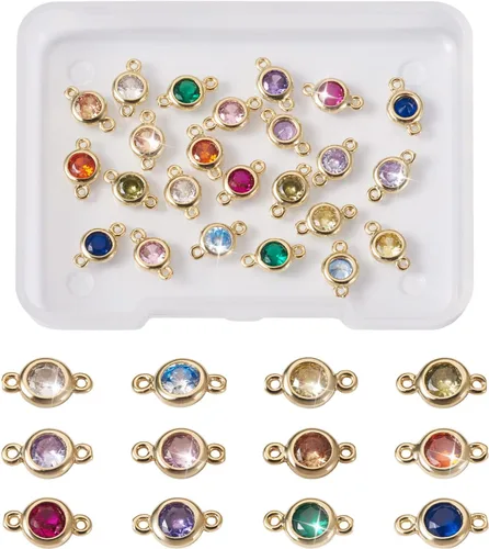 Vista 7 de Cheriswelry 48 piezas de 15 mm de cuentas planas redondas de aleación de metal de cañón con cristal de strass, cuentas de piedra natal coloridas, 3
