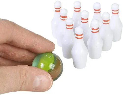 Vista 4 de ArtCreativity Recuerdos de fiesta de bolos (paquete de 12) cada juego incluye 10 pines en miniatura y 1 bola de mármol, mini juego de bolos, mini