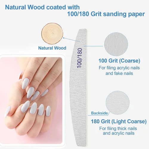 Vista 3 de Limas de uñas (paquete de 50), lima de uñas de madera de grano 100/180, lima de uñas de doble cara de madera Emory para uñas naturales, profesional