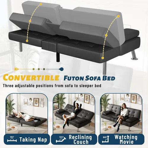 Vista 7 de Furmax Sofá Cama Futón Ajustable Sofá Cama Futón Sleeper para Sala de Estar, Oficina de Negocios, Sofás Reclinables con Portavasos (Cuero PU, Negro)