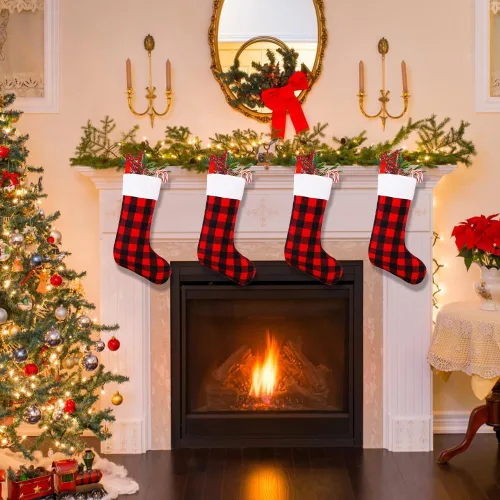 Vista 4 de YUJUN Paquete de 6 medias de Navidad de 22 pulgadas, medias grandes de Navidad a cuadros de búfalo negro y rojo, decoraciones colgantes para árbol