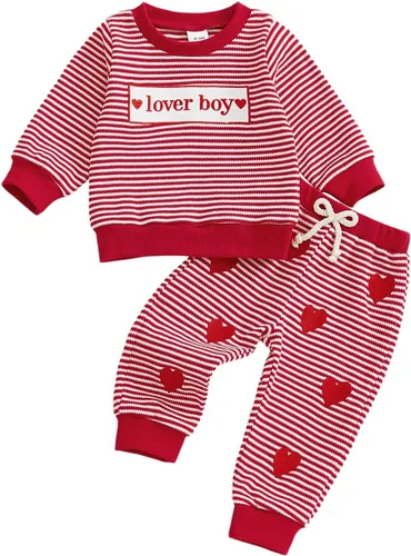 Vista 12 de Conjunto de sudadera con estampado de letras para el día de San Valentín para bebé, niño, niña, ropa de primavera 1 Rojo Gris