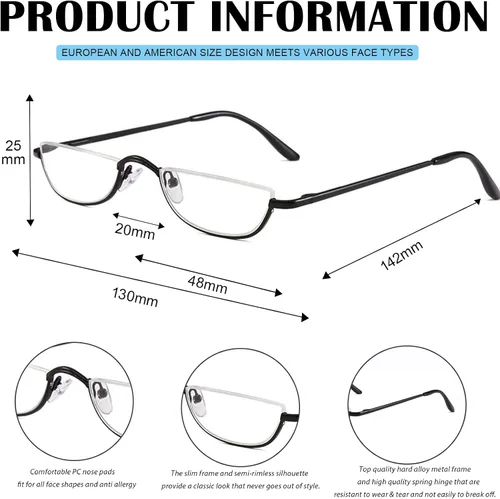 Vista 3 de Viseng Gafas de lectura de medio marco para mujer y hombre, lentes de media luna delgadas, lectores de metal con montura semi desmontable +1.0