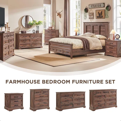 Vista 7 de ACCOHOHO Bastidor de cama Queen de estilo granja con cabecera y estribo de panel completo de 52" de alto, estructura de cama Queen con cajones