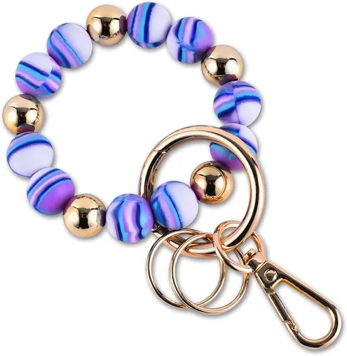 Vista 25 de Junyuerly Pulsera Llavero de Silicona con Cuentas para Mujeres, Brazalete Elástico con Anillo de Llaves Cuenta azul