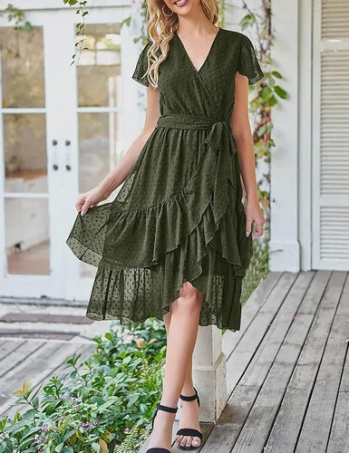 Vista 2 de SDEER - Vestido de gasa con mangas con volantes y lunares para mujer, vestido de verano cruzado con cuello en V y volantes laterales, vestido midi