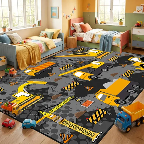 Vista 29 de Alfombra de construcción – Alfombras de construcción para habitación de niños, divertido diseño de camión de dibujos animados, alfombra de coche