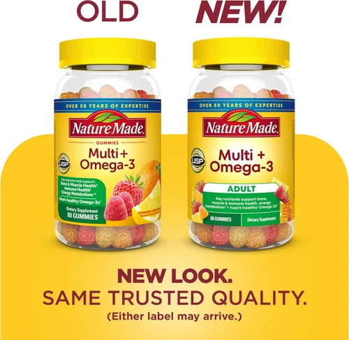 Vista 2 de Nature Made Multivitamínico + Omega-3, gomitas multivitamínicas para mujeres y hombres, apoyo nutricional diario, 80 vitaminas y minerales