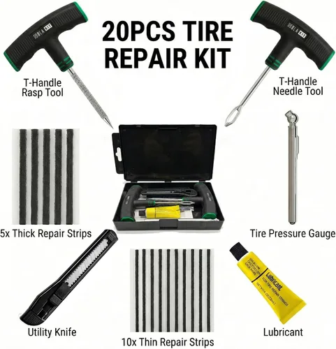 Vista 2 de Kit de reparación de neumáticos de 20 piezas – El kit de enchufe de neumático plano incluye herramientas ergonómicas de mango en T con agarre