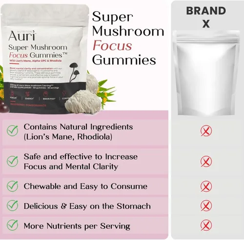 Vista 9 de Auri Nutrition Super Mushroom Focus Gummies con melena de león, Alpha GPC y Rhodiola - Suplemento de hongos para apoyar la función cognitiva