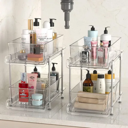 Vista 8 de HIHEGD Organizador de Almacenamiento de Baño de 2 Niveles con Separadores, Transparente, Extraíble Debajo del Fregadero para Cocina, Despensa