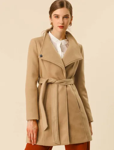 Vista 2 de Allegra K Abrigo largo clásico de invierno con cinturón de manga larga con cuello alto para mujer
