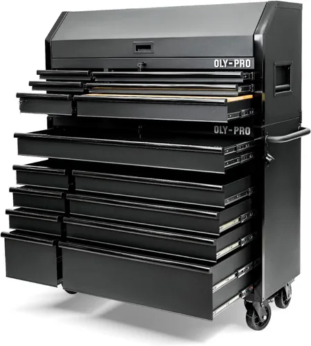 Vista 10 de Olympia Tools Caja de herramientas móvil resistente de 72 pulgadas, con banco de trabajo superior de madera maciza, baúl de herramientas con ruedas