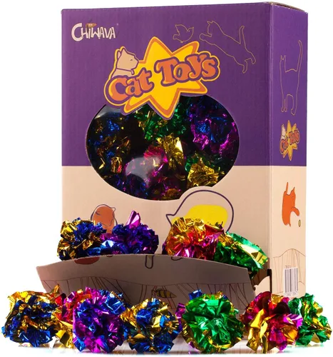Vista 10 de CHIWAVA 24 bolas de Mylar de 1.6 pulgadas brillantes y arrugadas para gatos, pelota de gatito agrietado, juego ligero, colores surtidos