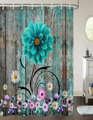 Vista 12 de Cortina de ducha rústica con diseño floral, cortina de ducha rústica con margaritas, cortina de ducha de madera rústica con ganchos, 36 x 72 Verde