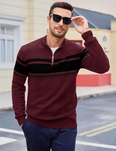 Vista 4 de MAGCOMSEN Suéteres de algodón con cremallera de 1/4 para hombre, suéter tipo polo, a rayas, para otoño e invierno, sudaderas cálidas