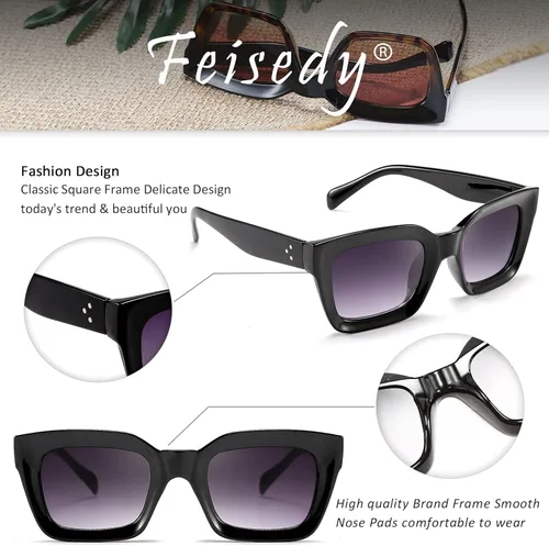 Vista 3 de FEISEDY Gafas de sol clásicas para mujer, gafas de sol cuadradas gruesas, marco grueso, UV400 B2471