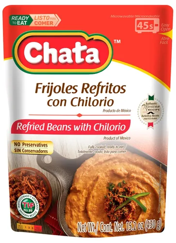 Vista 4 de Chata - Frijoles refritos mexicanos con chilorio de cerdo, 15.2 oz (paquete de 3) Listo para comer, solo calienta y sirve