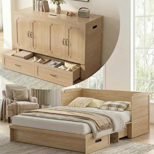 Vista 10 de Mjkone Murphy - Cama Queen Murphy con estación de carga USB y colchón de espuma viscoelástica de tres pliegues, armario oculto con cajón de Gris
