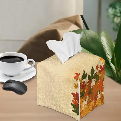 Vista 4 de Veniyate Caja de pañuelos con estampado de hojas de otoño, organizador cuadrado de piel sintética para baño, encimera de tocador, mesitas de noche