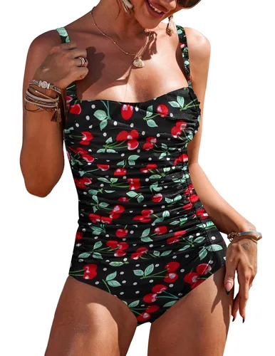 Vista 28 de Ekouaer Traje de baño de una pieza para mujer, con control de abdomen, fruncido, estilo vintage, retro, con efecto de realce Azul