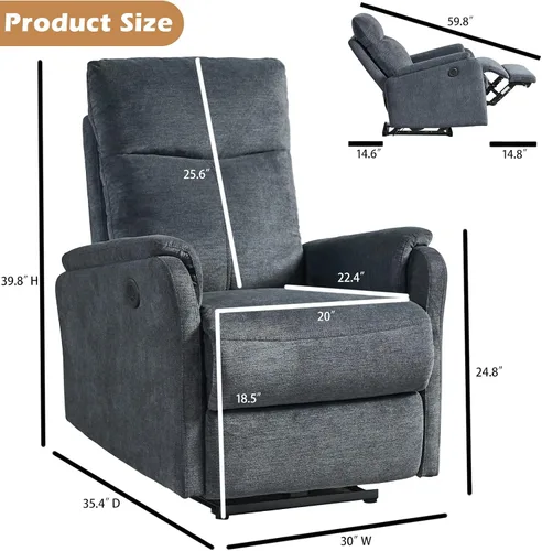Vista 2 de cinkehome Pequeño sillón reclinable de energía eléctrica, silla reclinable de tela transpirable, puertos USB, asiento de cine en casa eléctrico