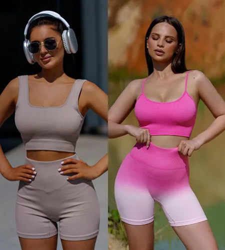 Vista 4 de FINETOO Workout Sets for Women 4 Pieces Ribbed Crop Tank Shorts Active Gym Exercise High Waisted Sports Yoga Outfit S-L