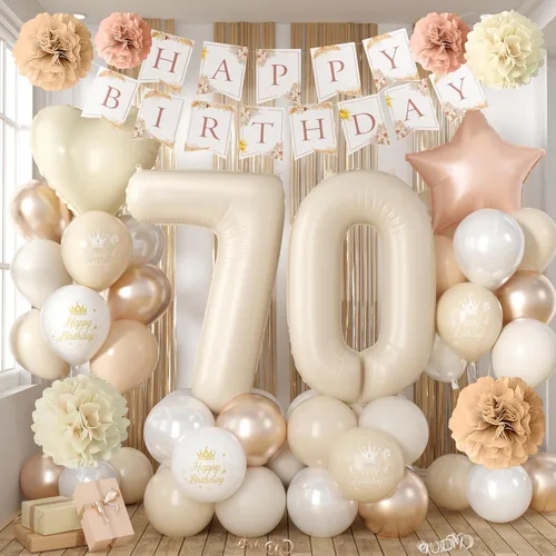 Vista 26 de Decoraciones de cumpleaños número 13 en crema para niñas, globos beige con número 13 en forma de corazón y estrella marrón, globos neutros