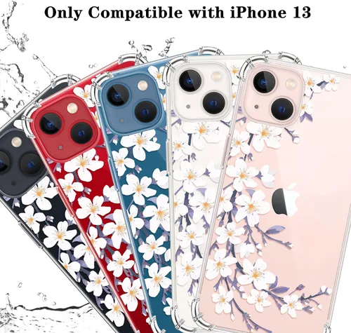 Vista 2 de Funda para iPhone 13 con protector de pantalla con patrón de flores, transparente, a prueba de golpes, funda protectora de poliuretano termoplástico
