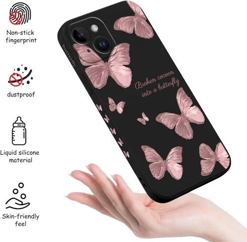 Vista 5 de LEECG Funda para iPhone 15, diseño de mariposa lateral, delgada, suave, protectora para iPhone 15, color negro mariposa