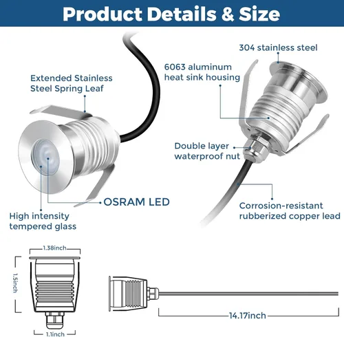 Vista 4 de Gardencoin Luces LED empotrables para terraza, sofito de alta resistencia e iluminación de escaleras al aire libre, 1 W, 12-24 V, bajo voltaje, luz