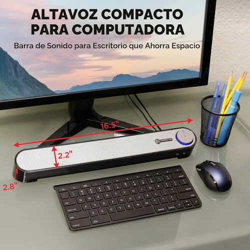 Vista 3 de SonaVERSE UBR barra altavoz para computadora de escritorio con conectores para audífonos y micrófono de fácil acceso por GOgroove, con alimentación