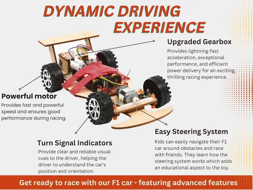 Vista 3 de Kit de ciencia de madera con control remoto inalámbrico R/C de carreras F1 para construir (paquete de carreras de 2), kit de proyecto científico