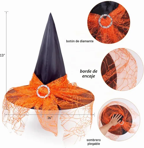 Vista 6 de Witch Costume Women, 5PCS Halloween Costume with Hat Tutu Broom Striped Thigh Socks Gloves Naranja