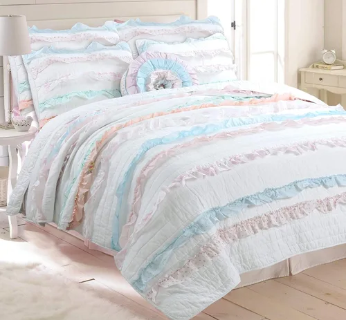 Vista 10 de Cozy Line - Juego de edredón de rayas verdes lavanda y puntos morados, 2 piezas, 100% algodón, reversible, para todas las estaciones, con fundas