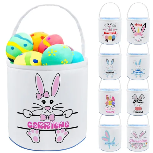 Vista 18 de Cesta de Pascua personalizada con nombre, bolsas de lona personalizadas para niños, cestas de Pascua para bebés, niños y niñas, color azul