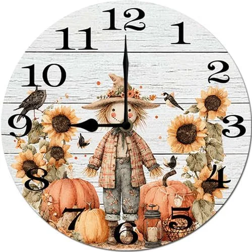 Vista 8 de Preciosas calabazas espantapájaros con hojas de otoño, reloj de cosecha de Hello Fall para sala de estar, reloj de pared redondo de 10 pulgadas