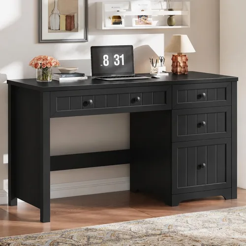 Vista 10 de Halitaa Farmhouse 55.1" Executive Desk with 3 Drawers, Vintage White Antique White