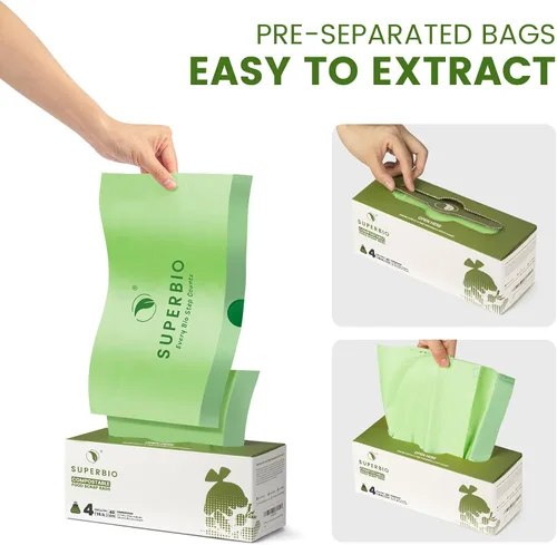 Vista 2 de SUPERBIO Bolsas Compostables con Cordón para Desechos de Alimentos de 4 Galones, 15.1 Litros, 40 Piezas, 0.9 Mil, Bolsas de Desechos Resistentes