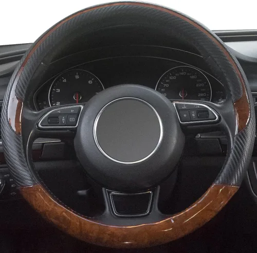 Vista 3 de Funda universal para volante de auto de grano de madera, negra, de cuero de microfibra, adecuada para volantes de 14.5 a 15 pulgadas, cómoda